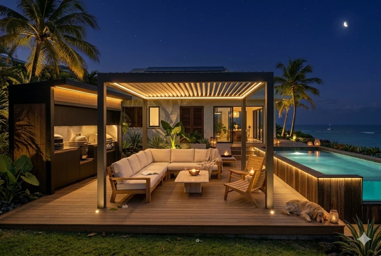 Mise en scène nocturne — pergola bioclimatique Solis sur terrasse bois, salon, cuisine extérieure et piscine face à la mer